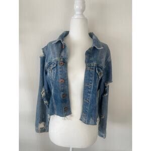 Forever 21 Distressed Light Wash Denim Cropped Trucker Jacket Womens Small